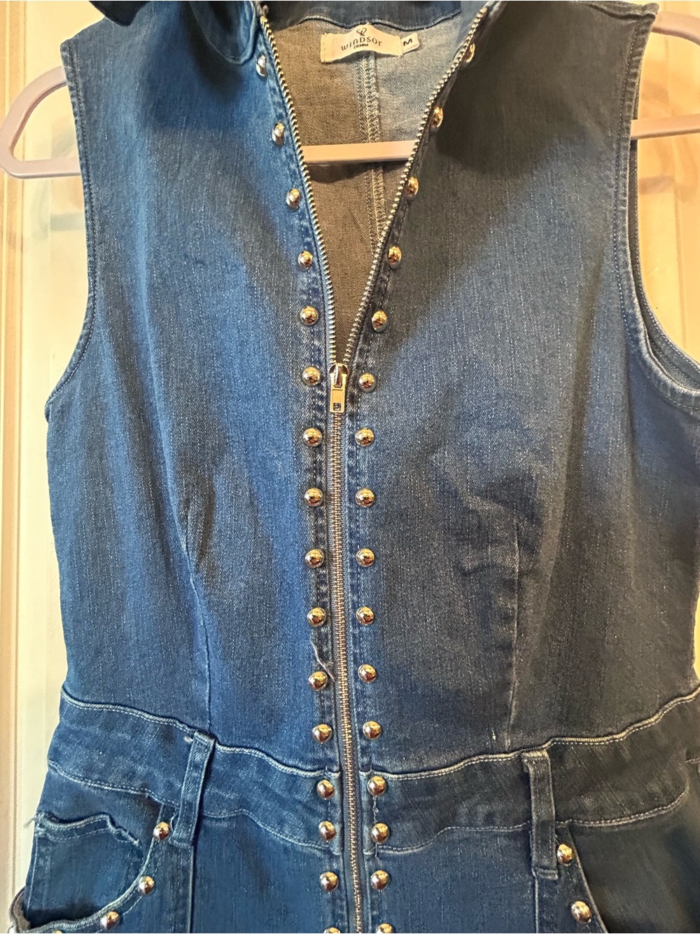 Sleeveless Blue Denim Jumpsuit with Stud Details
